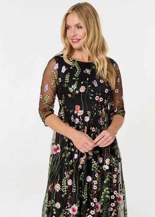 Izabel London Black Floral Embroidered Mesh Midi Dress - 10 Image 1