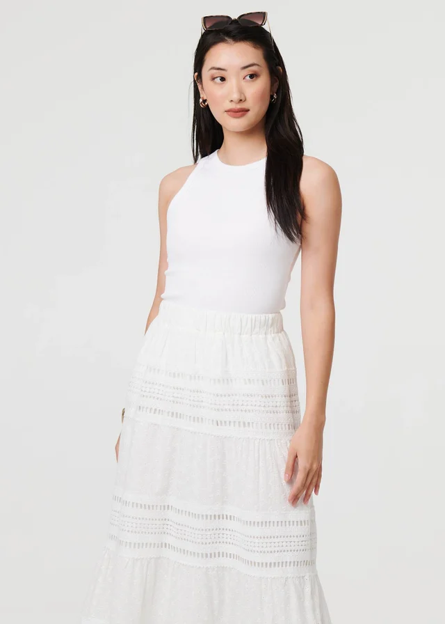 Izabel London White High Waist Lace Trim Tiered Maxi Skirt