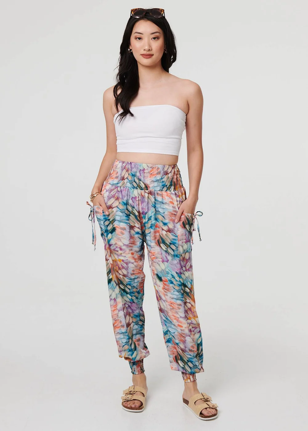 Izabel London Blue Printed High Waist Shirred Harem Pants - 10 Image 1