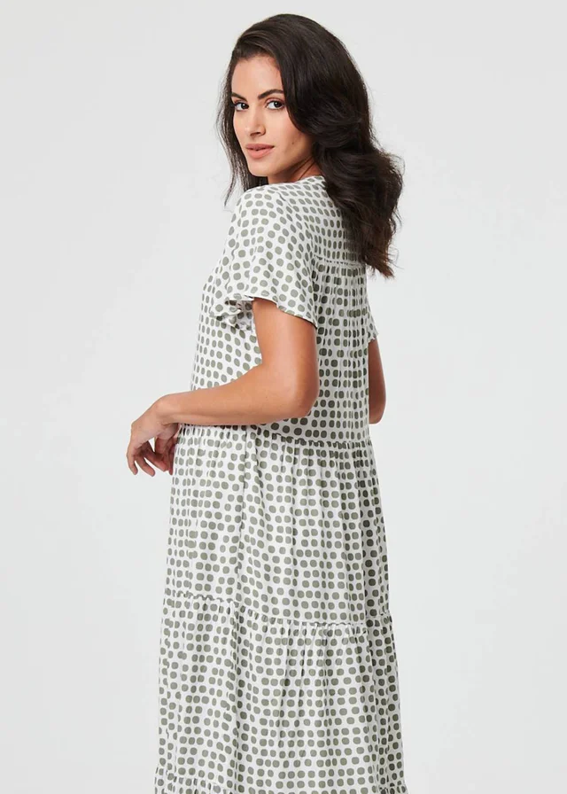 Izabel London Sage Printed Short Sleeve Relaxed Midi Dress