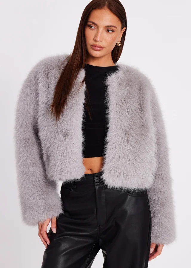 Quiz Grey Collarless Faux Fur Jacket