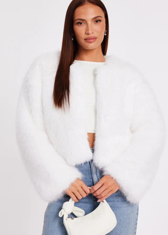 Quiz White Collarless Faux Fur Jacket