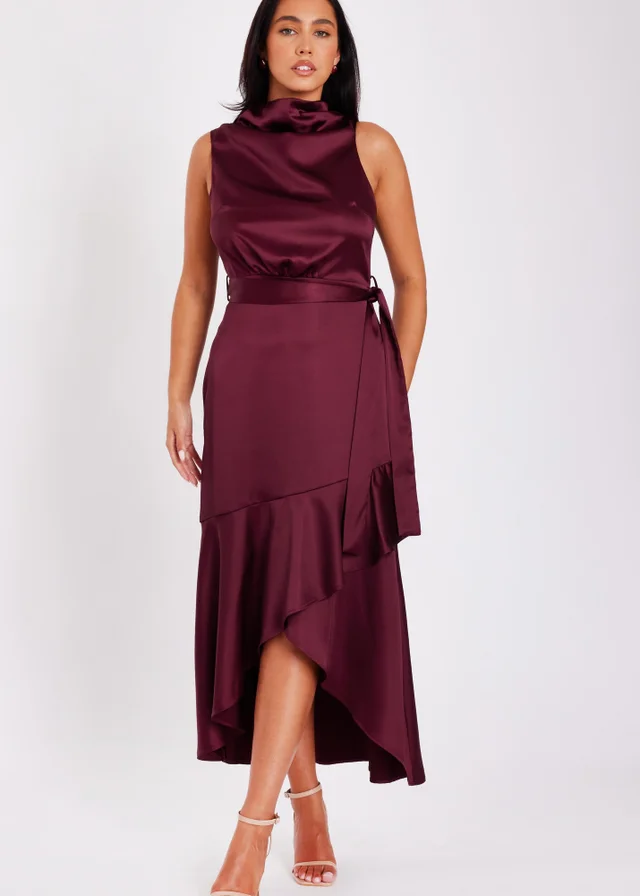 Quiz Red Satin Dip Hem Midaxi Dress