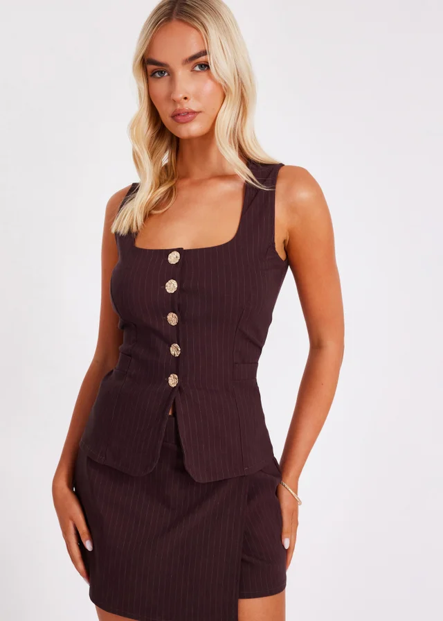 Quiz Brown Pinstripe Button Front Waistcoat