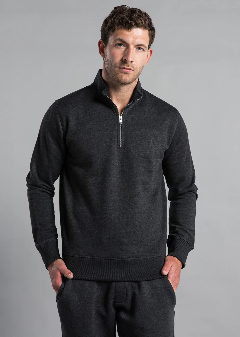 French Connection Charcoal Cotton Blend Half-Zip Jumper - Large Image 1
