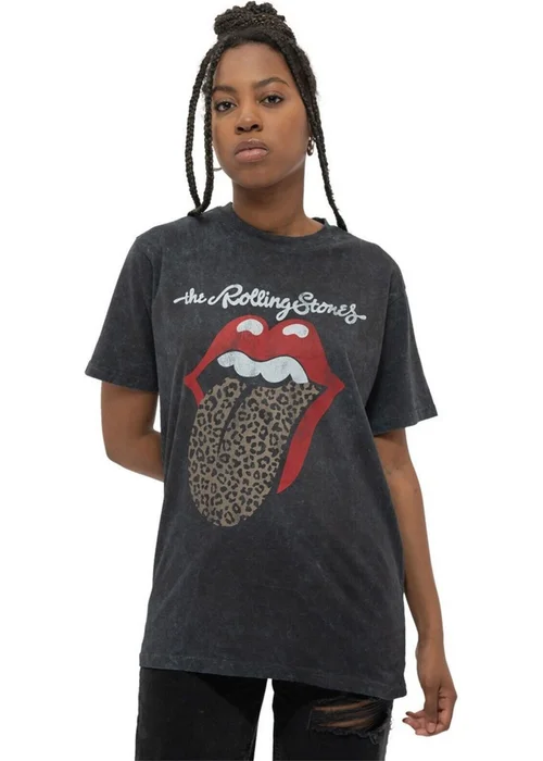 The Rolling Stones Black Leopard Tongue Acid Wash T-Shirt - Extra Large Image 1