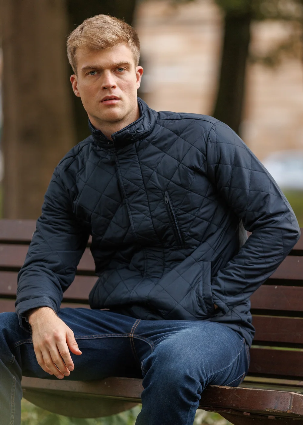 French Connection Navy Funnel Neck Diamond Quilted Jacket - M Image 1
