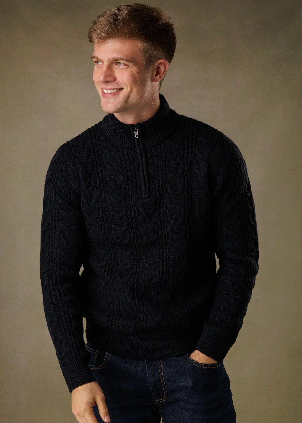 French Connection Navy 1/2 Zip Cable Knit Jumper - Large Image 1