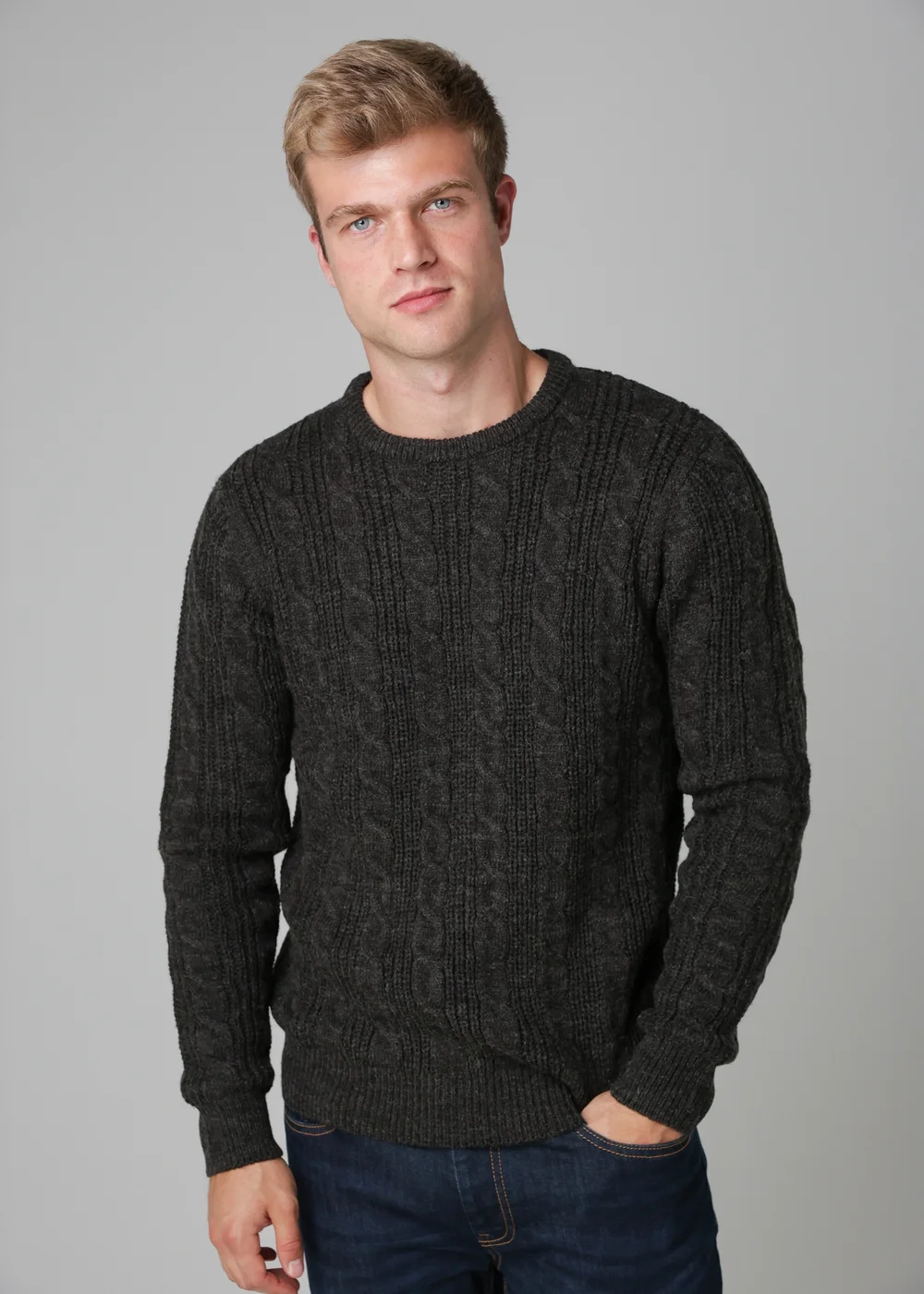 French Connection Charcoal Cable Knit Crew Neck Jumper - Extra Large Image 1