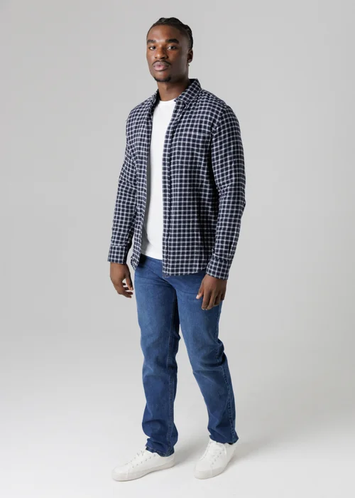 French Connection Navy Cotton Check Flannel Long Sleeve Shirt - Small Image 4
