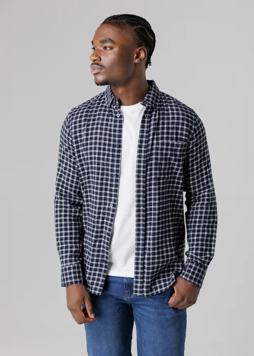 French Connection Navy Cotton Check Flannel Long Sleeve Shirt - Small Image 1