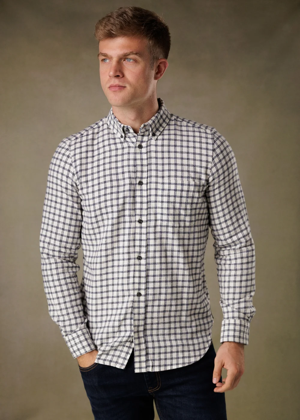 French Connection Ecru Cotton Check Flannel Long Sleeve Shirt - Medium Image 1