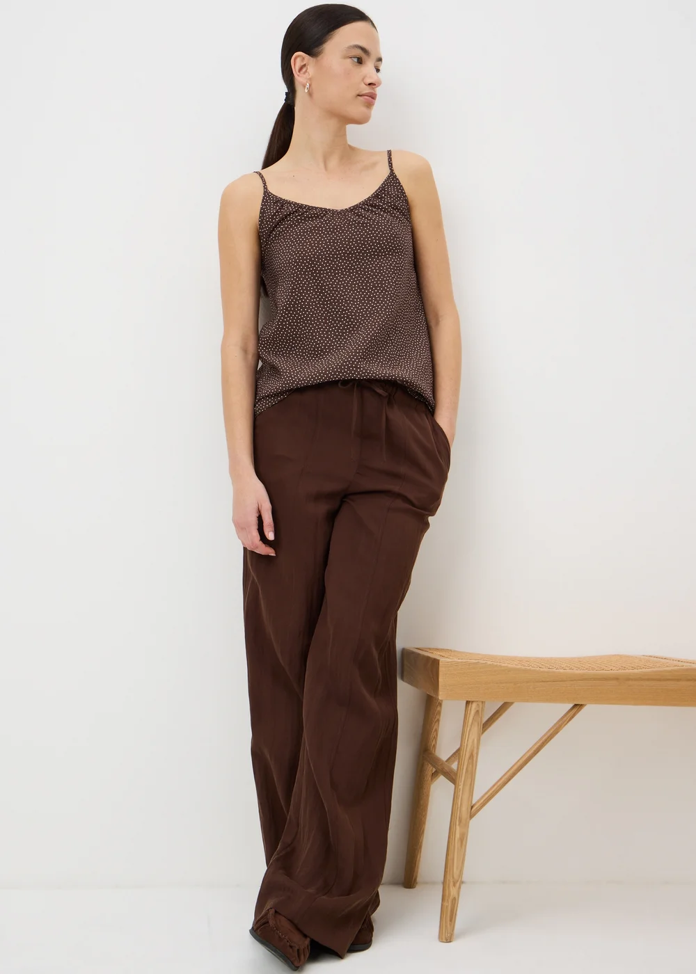 Brown Polka Dot Ruched Cami Top - Size 8 Image 1