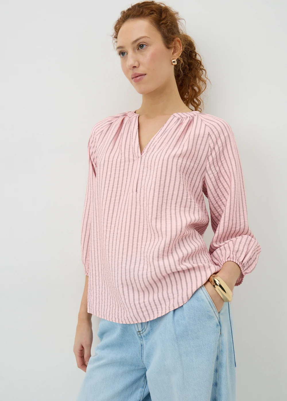 Pink Stripe 3/4 Sleeve Popover Blouse - Size 8 Image 1