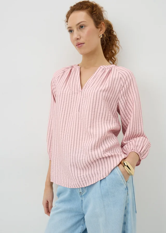 Pink Stripe 3/4 Sleeve Popover Blouse