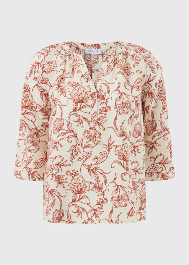 Orange Floral Pattern Popover Blouse