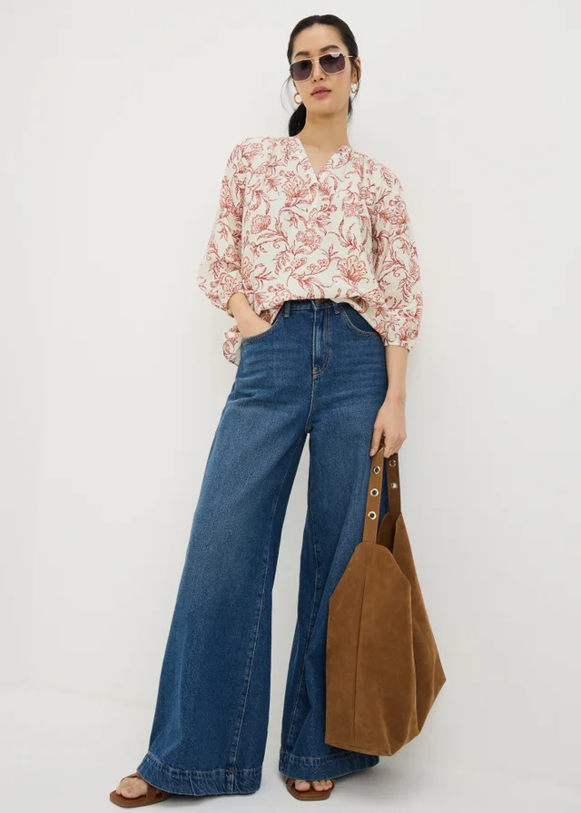 Orange Floral Pattern Popover Blouse