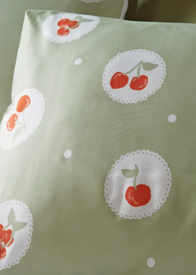 Green Cherry Print Microfibre Duvet Set