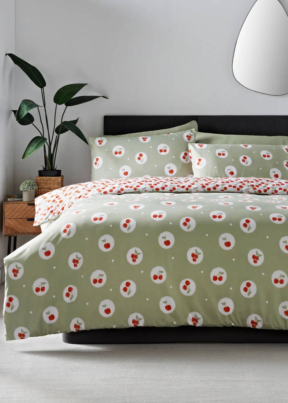 Green Cherry Print Microfibre Duvet Set - Single Image 1