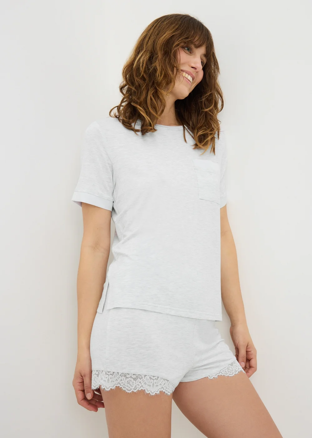 Grey Lace Trim Pyjama Shorts - M Image 1