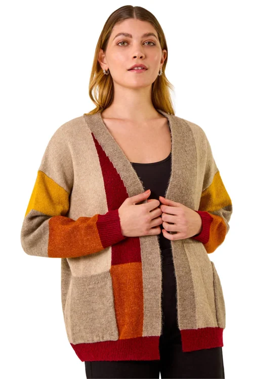 Roman Beige Colour Block Knit Cardigan - Size 12 Image 1