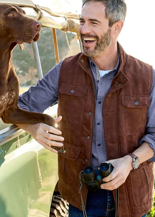 Cotton Traders Warm Brown Faux Suede Multi Pocket Gilet - L Image 1