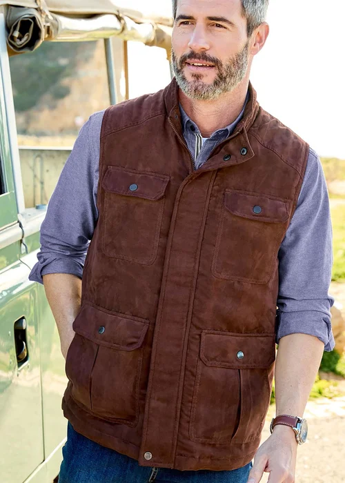 Cotton Traders Warm Brown Faux Suede Multi Pocket Gilet - L Image 2