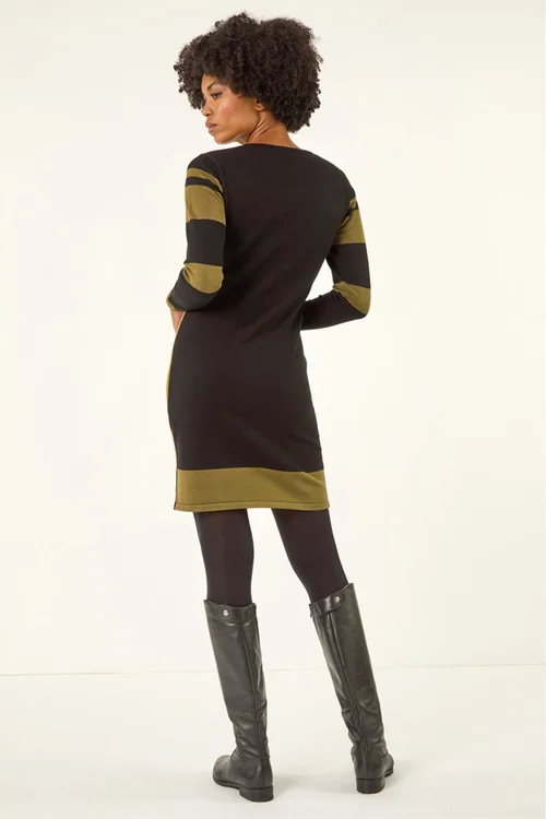 Roman Khaki Colour Block Knitted Dress - 16 Image 4
