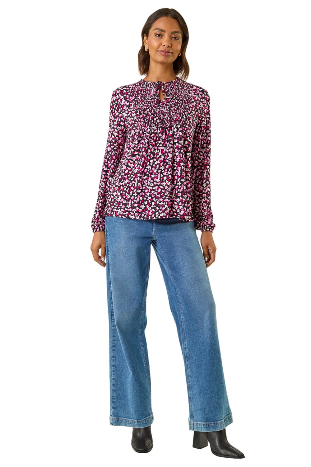 Roman Pink Printed Shirred Tie Neck Top - Size 14 Clothing Image 2