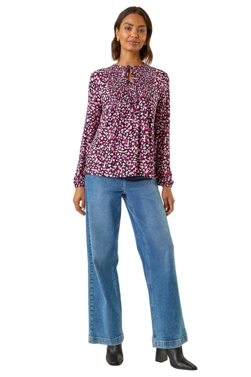 Roman Pink Printed Shirred Tie Neck Top - Size 14 Clothing Image 2