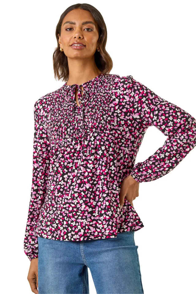 Roman Pink Printed Shirred Tie Neck Top