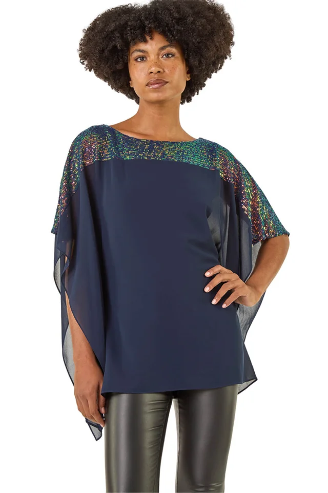 Roman Navy Sequin Yoke Contrast Chiffon Top