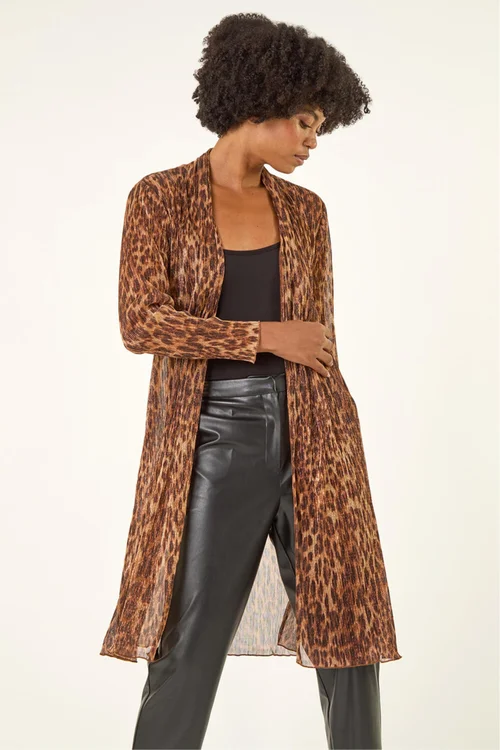 Roman Tan Metallic Animal Print Plisse Kimono - 18 Image 4