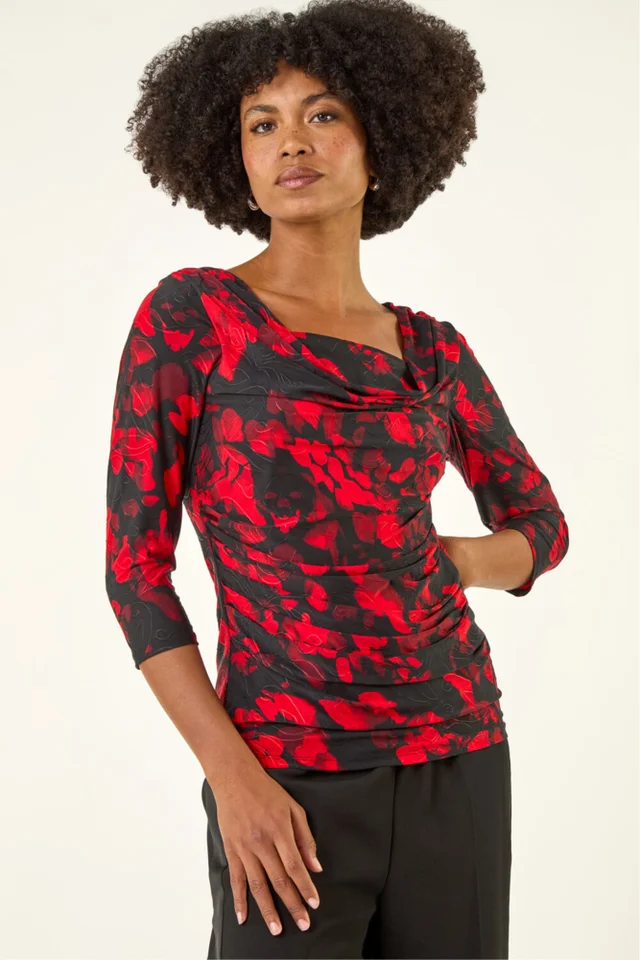 Roman Red Printed Cowl Neck Stretch Top