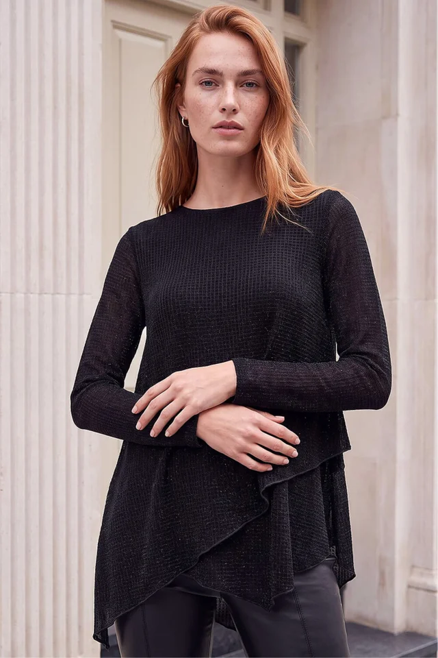 Roman Black Shimmer Asymmetric Layered Top