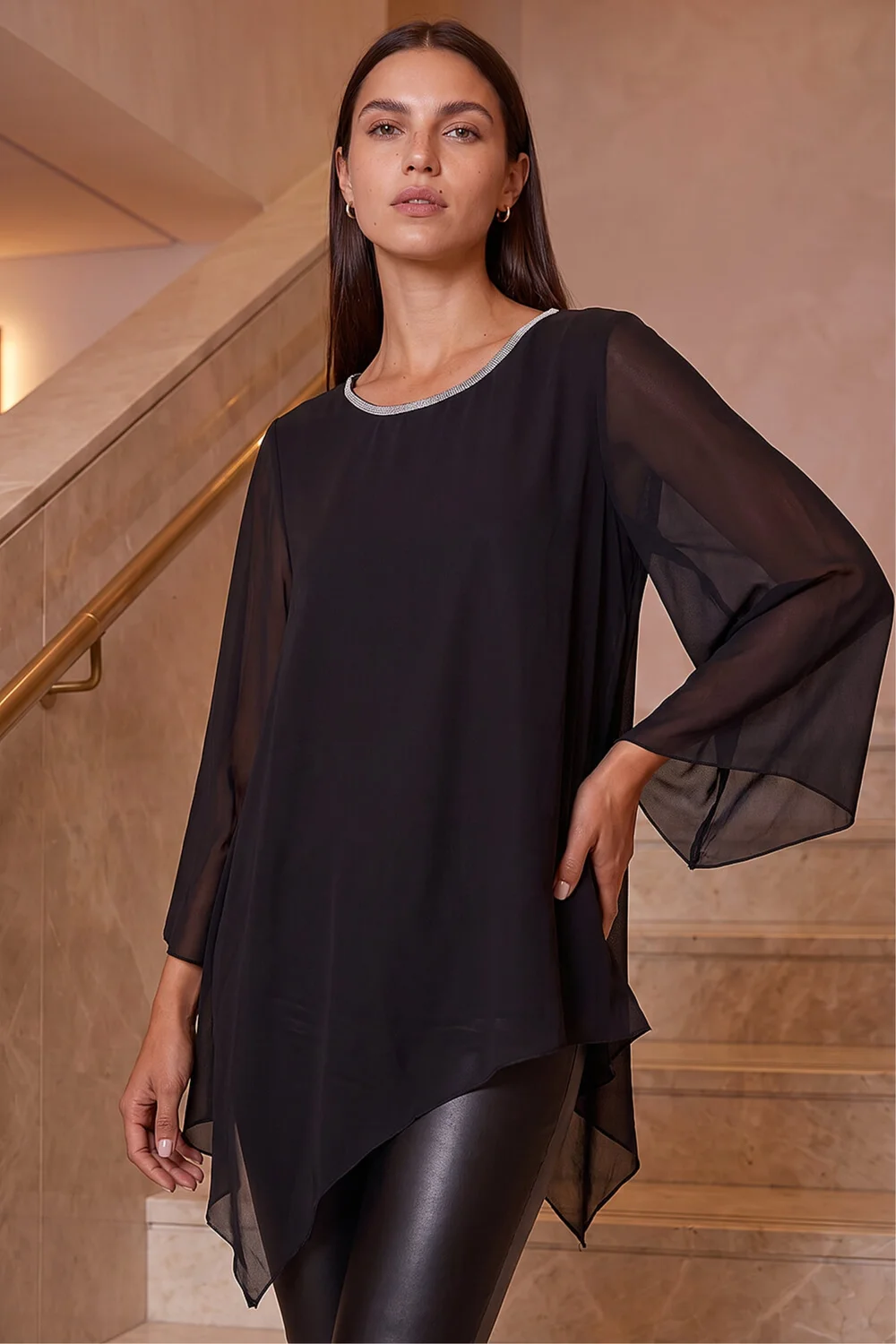 Roman Black Diamante Asymmetric Chiffon Top - 20 Image 1