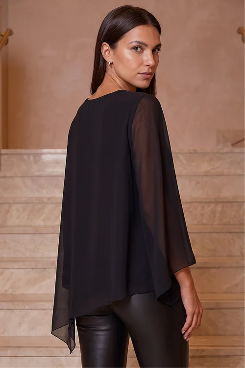 Roman Black Diamante Asymmetric Chiffon Top - 20 Image 3