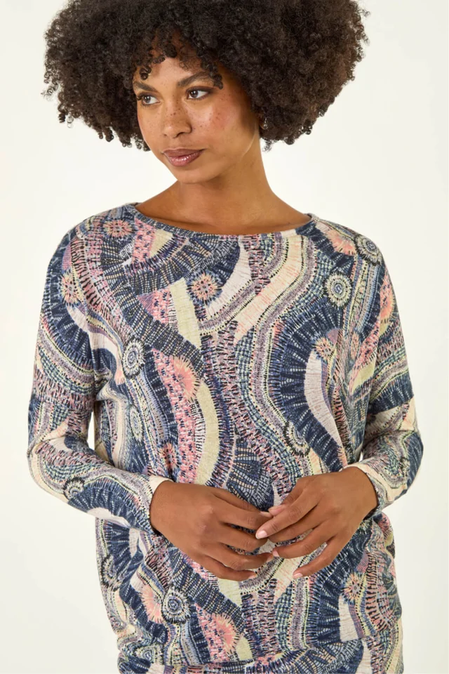 Roman Pink Abstract Print Banded Hem Stretch Top