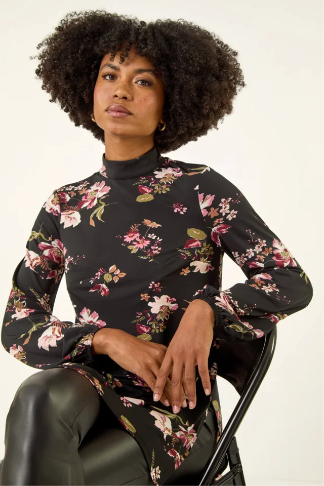 Roman Black Floral High Neck Tunic Top