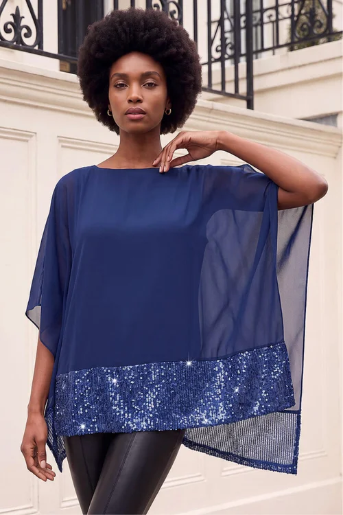 Roman Blue Sequin Hem Contrast Tunic Top - 10 Image 2