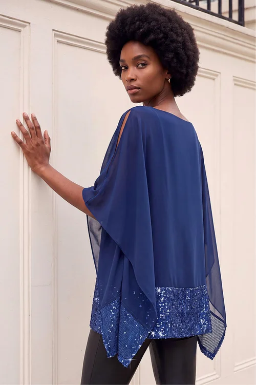 Roman Blue Sequin Hem Contrast Tunic Top - 10 Image 3
