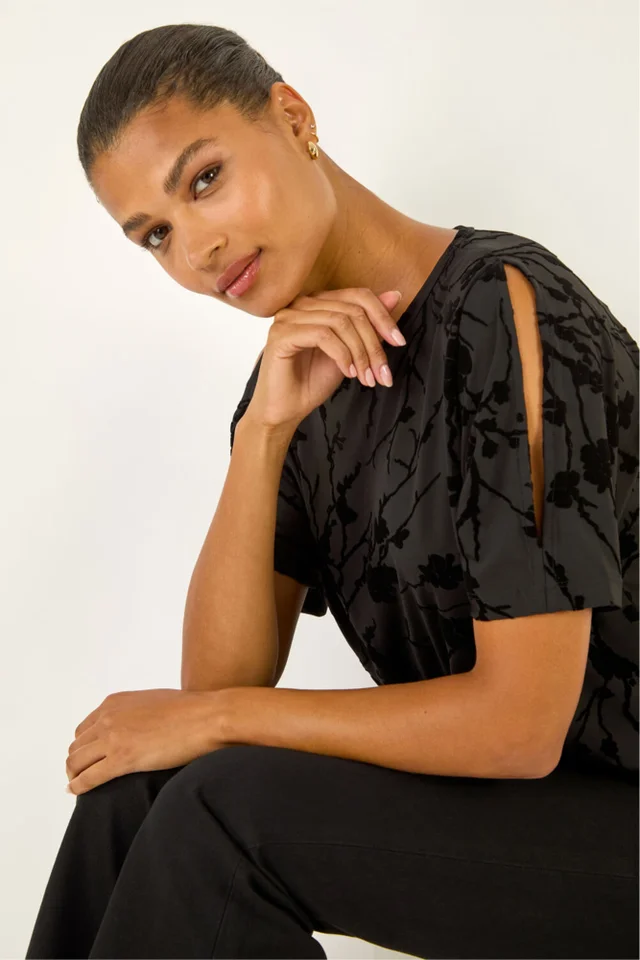 Roman Black Floral Flocked Stretch Top