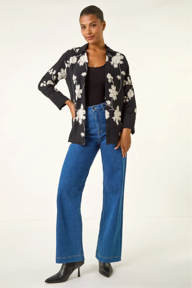 Roman Black Floral Embroidered Collared Shirt