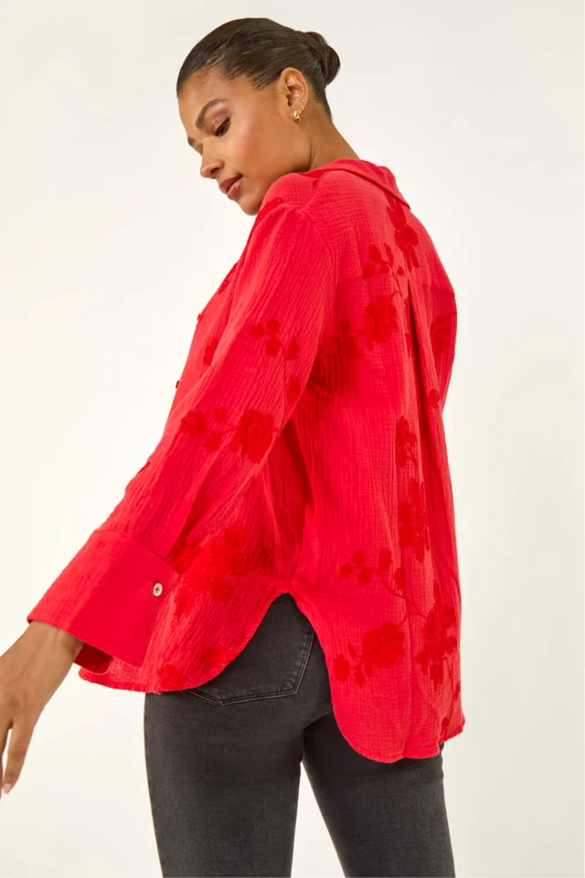 Roman Red Floral Embroidered Collared Shirt