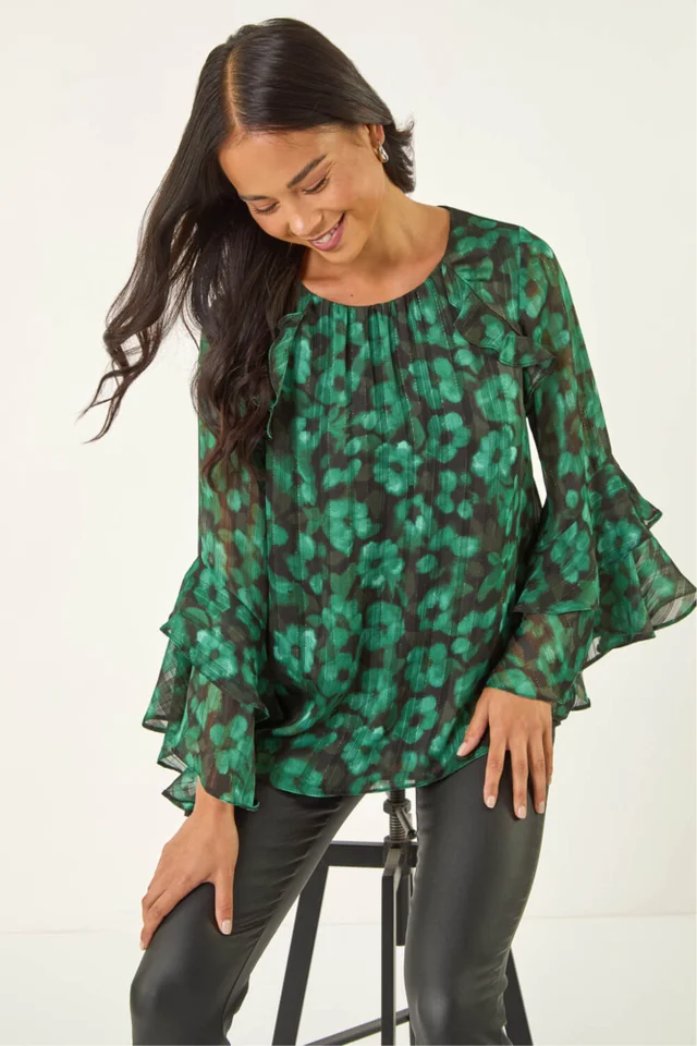 Roman Green Petite Spot Frill Sleeve Top