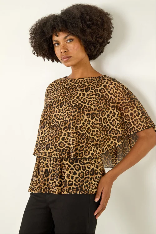 Roman Tan Animal Print Mesh Overlay Top - Size 20 Clothing Image 2