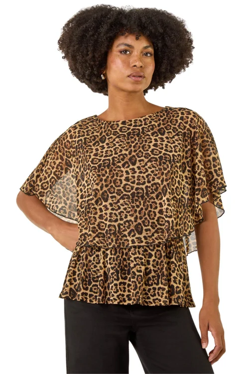Roman Tan Animal Print Mesh Overlay Top - Size 20 Clothing Image 1