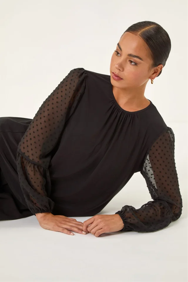 Roman Black Petite Contrast Dobby Stretch Top