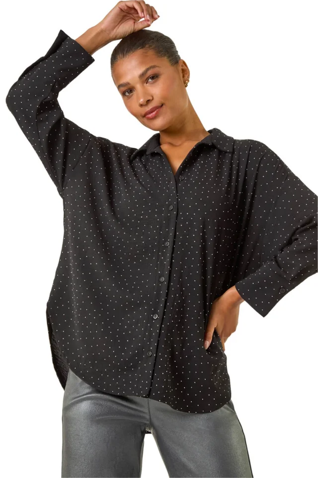 Roman Black Hotfix Collared Longline Shirt