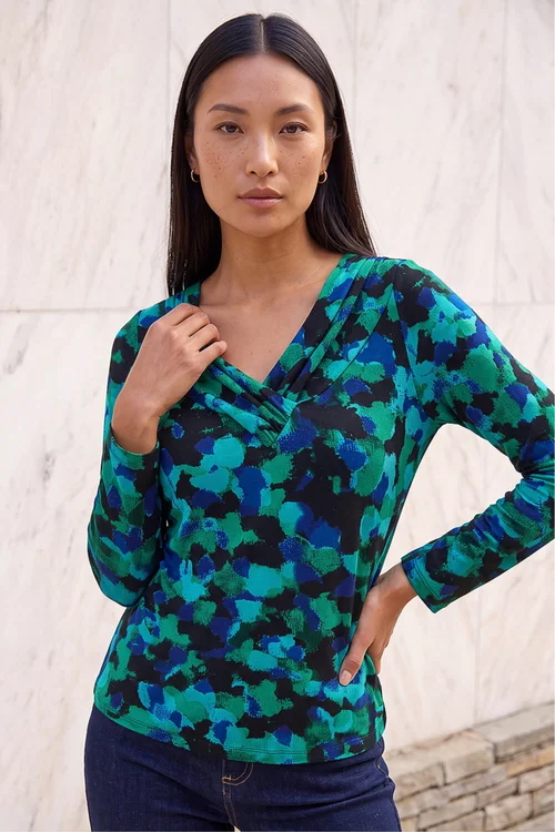 Roman Green Printed V-Neck Stretch Top - 12 Image 1